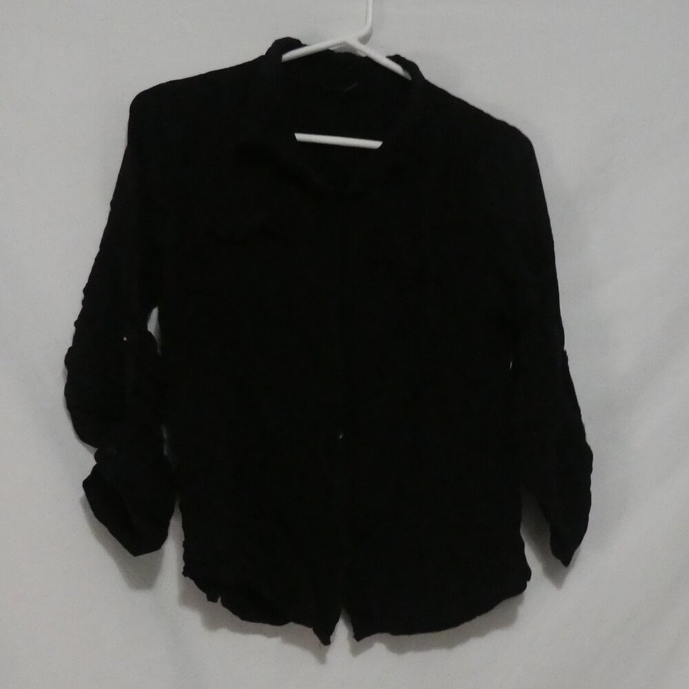 MAJORA | large | Black Button-Up Shirt | Scrunched Roll Tab Sleeves | Pockets